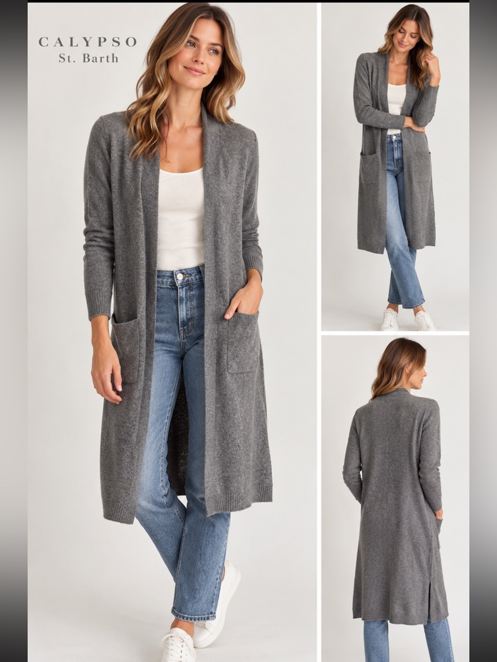 Gray Long Open-Front Knit Cardigan